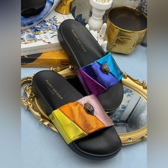 🆕 KURT GEIGER LONDON 🧿 NWOB Meena Eagle Metallic Pool Slide - Size 38 US 7.5 - Picture 7 of 12